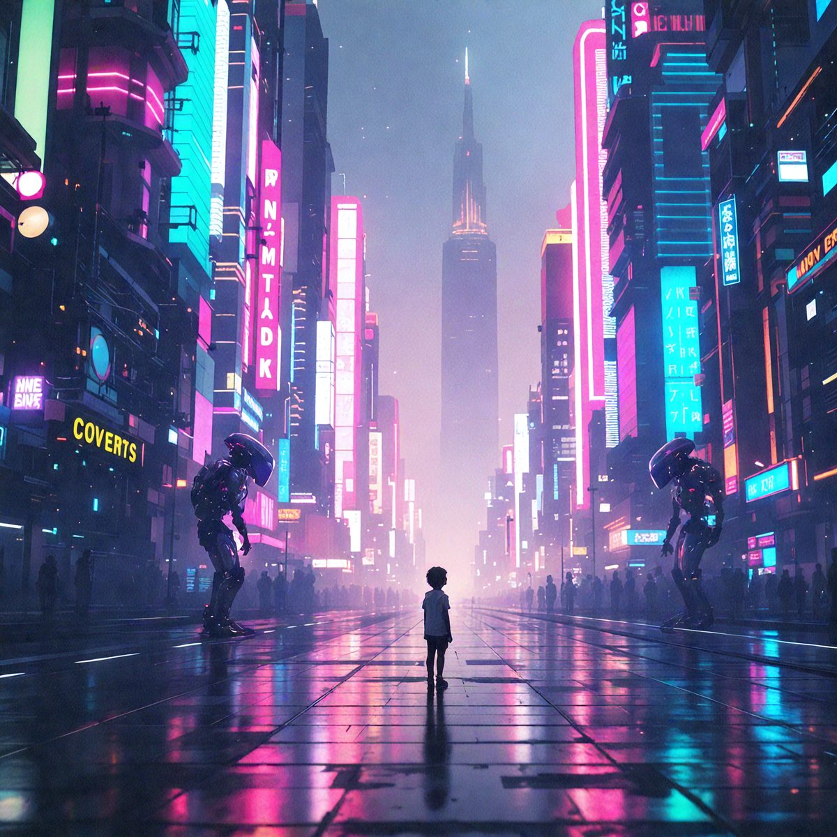 The primary subject of the image is a person standing on a rain-soaked city street. The setting is a futuristic city with tall buildings and neon lights. The visual style is a combination of photo and digital art, creating a surreal and vibrant atmosphere. The colors and mood are predominantly pink and purple, giving the scene a dreamy and whimsical feel.